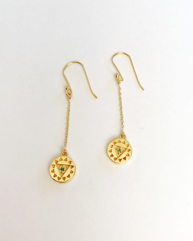 heart chakra chain earrings in gold plate by veda