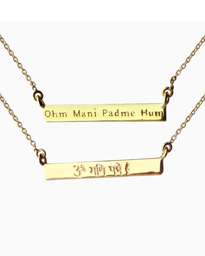 gold plated front and back of Ohm Mani Padme Hum Bar necklace by veda