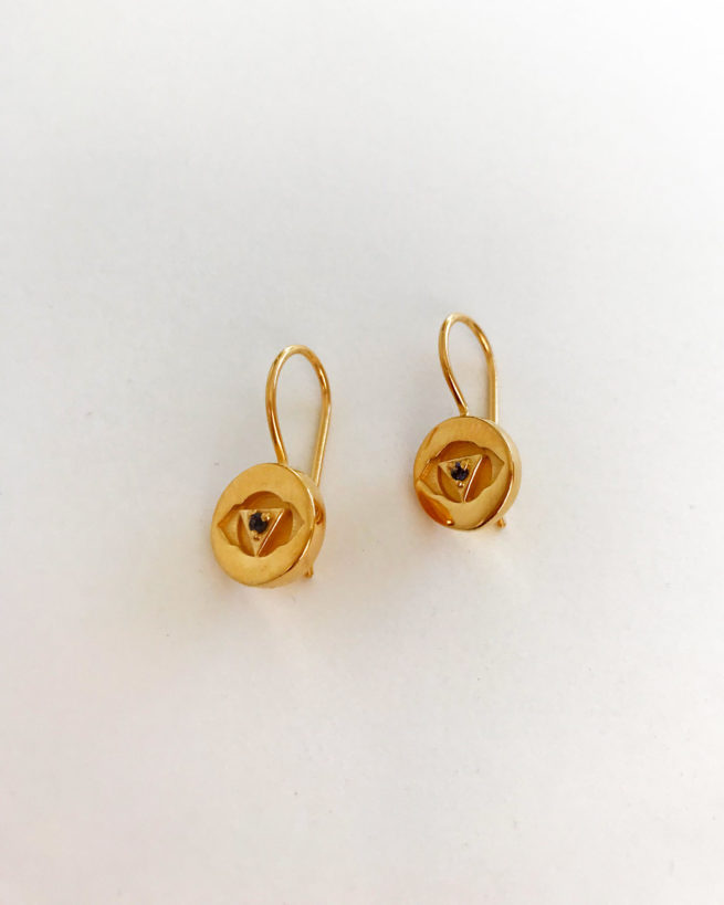 third eye chakra gold plated drop earrings by veda